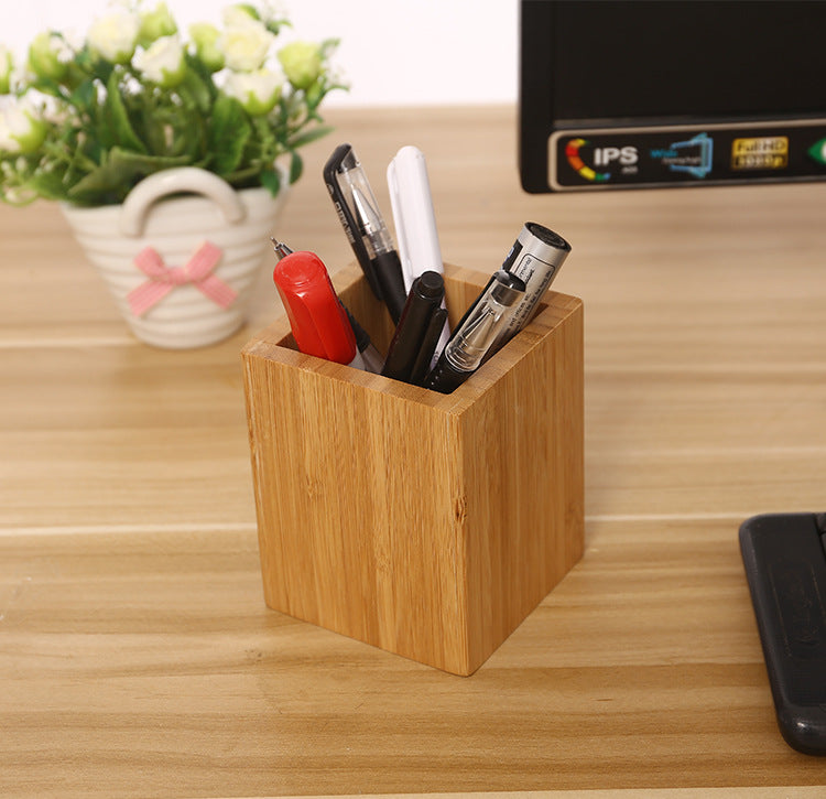 Bamboo Pen-Pencil Holder Makeup Brush Storage Office Stationery Organizer Square Container